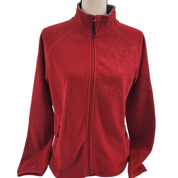 Fuda Women’s Red Fleece Floral Impressed Full Zip Jacket – Size Small - Picture 8 of 16